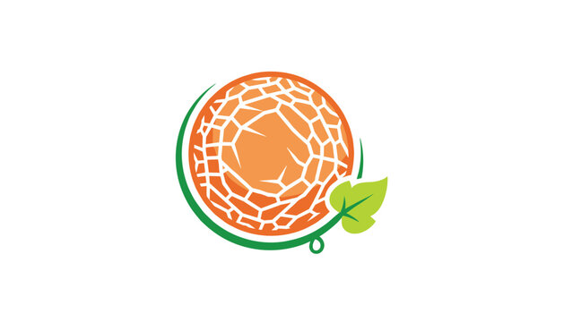 Creative melon logo design showcasing an orange melon fruit with textured rind and a green leaf on white.