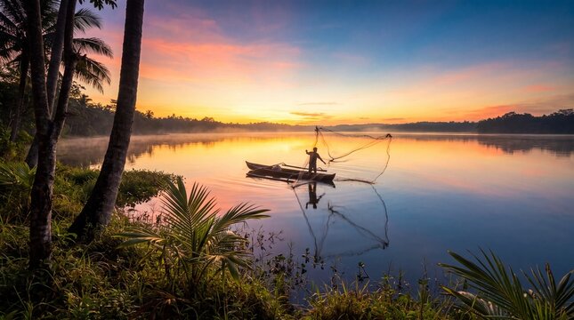 Fisherman casting a net at golden hour over the reflective tropical lake.