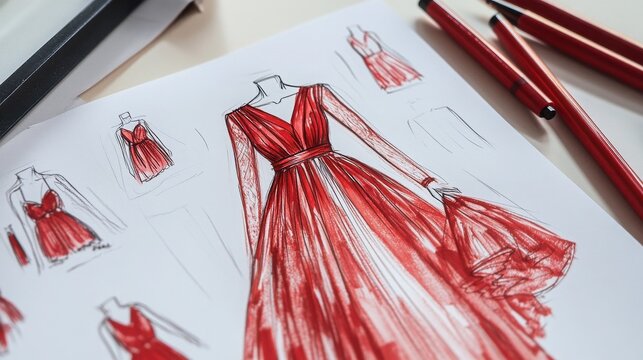 Fashion sketch of a red evening gown lies on a white desk surrounded by professional drawing pens.