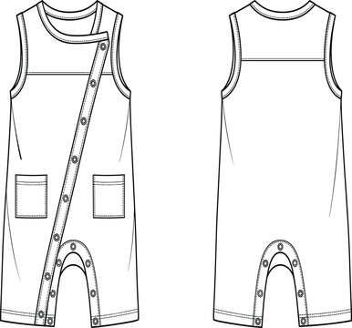 Technical flat sketch of sleeveless baby romper front and back view vector illustration
