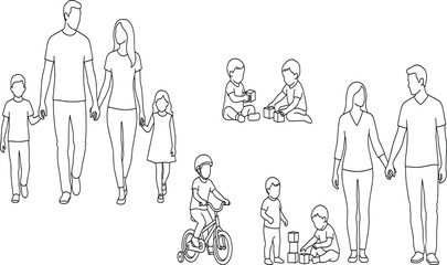Obraz premium Architectural scale figures set of families parents children playing line art vector illustration