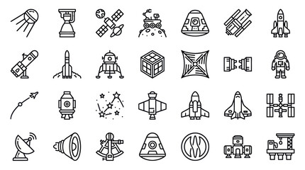 Space exploration and astronautics thin line icons © muhammad
