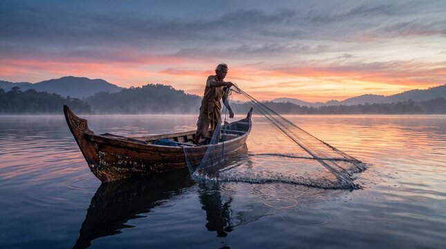 Fisherman casts net on tranquil tropical lake during vibrant sunrise