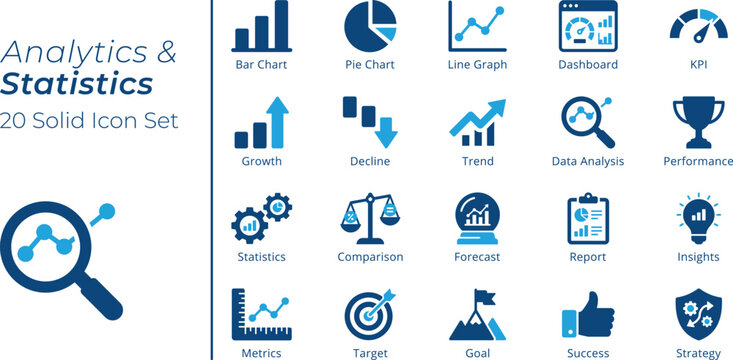 Analytics and Statistics Icon Set, Bar Chart, Pie Chart, Line Graph, Dashboard, KPI, Data Analysis, Forecast, Report, Solid Vector Icons for Web and App