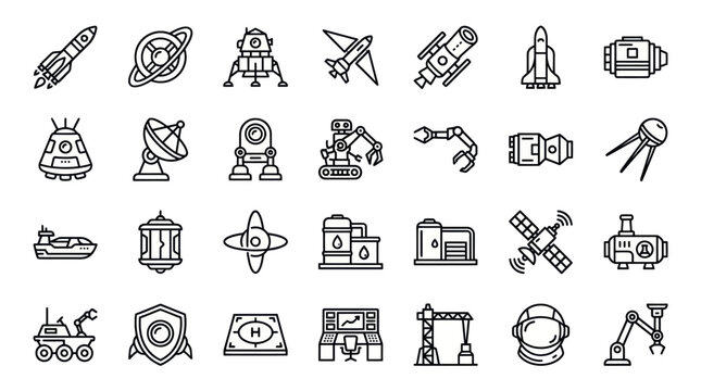Space technology and planetary rover exploration icon set
