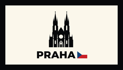 Fototapeta premium Prague gothic cathedral black silhouette with city name praha and czech republic flag ribbon, isolated on cream background.