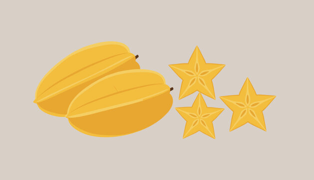 Fresh yellow carambola starfruit with sliced star shapes in simple graphic style, isolated on light grey background.