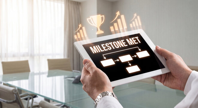 Milestone Met achievement, business success, project completion, strategic planning, digital tablet display, holographic charts, trophy icon, modern office meeting room background