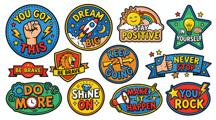 Naklejka premium Hand-drawn Cartoon Motivational Badges Collection with Inspirational Quotes and Symbols