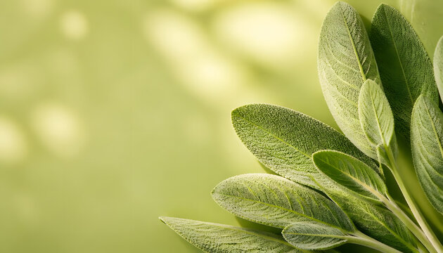 fresh organic sage leaves with natural silver hairs and velvet texture on chartreus green background, macro close up of herbal sage plant leaves with soft silvery fibers and natural veins details