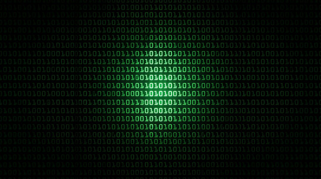Neon green binary code data stream on black background