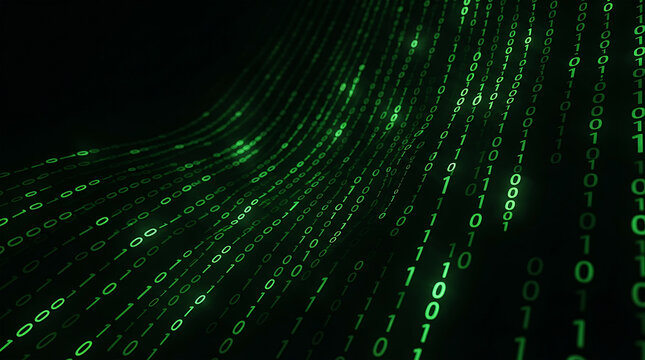 Glowing green binary code cascading down dark background digits
