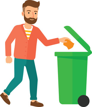 Cartoon Man Throwing Litter into Green Wheelie Bin for Environmental Awareness Waste Management and Recycling Ecology Concepts
