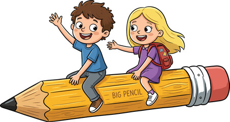 Cute Cartoon Happy Children Riding on Giant Wooden Pencil and Waving for Back to School Creative Education and Imagination Concepts