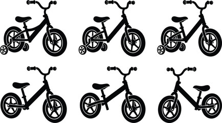 Obraz premium Children balance bike and toddler bicycle silhouettes collection featuring training wheels variations frames handles and tire side profiles