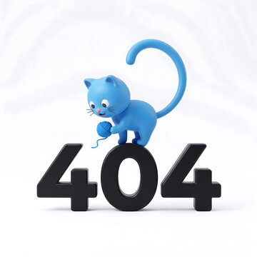Cute blue cat playing with yarn on 404 error text, internet
