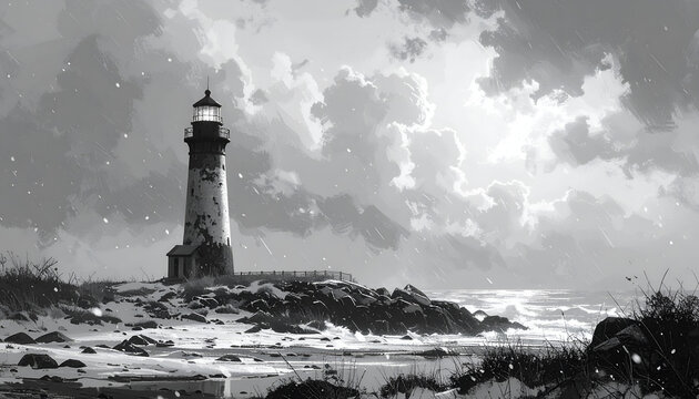 Lighthouse on rocky coast under dramatic cloudy sky