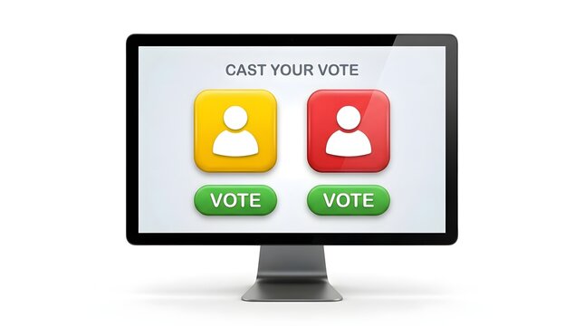 Computer monitor displaying a digital voting interface with candidate selection buttons isolated on white background