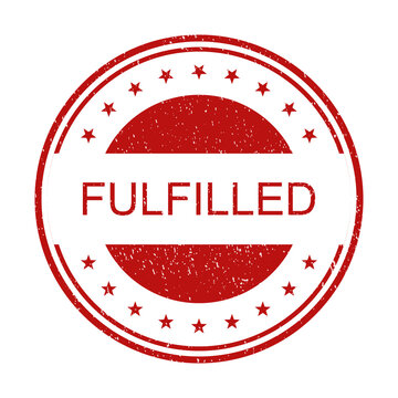 Red round rubber stamp with the word fulfilled and stars on the border isolated on transparent background