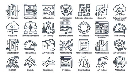 Technical API gateway and cloud infrastructure line icons. © muhammad