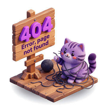 Purple cartoon cat with yarn ball 404 error page not found