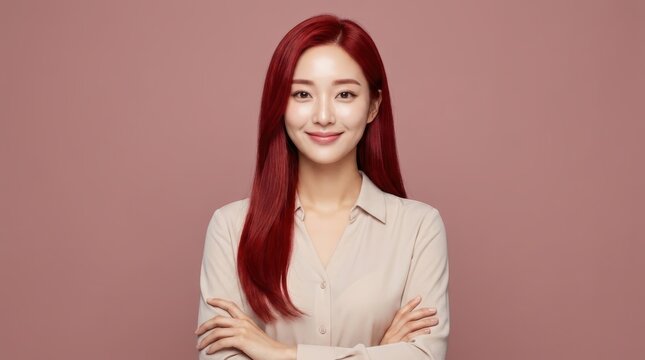 Portrait of a confident young asian woman with vibrant red hair