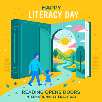 International Literacy Day concept. Father and child walking into a magical open book.