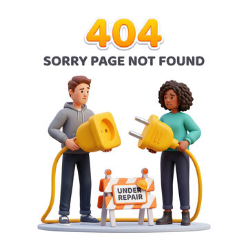 3D render of people fixing a 404 error page not found website