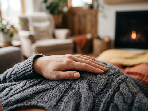 Person resting hand on stomach in relaxed comfortable pose indoors