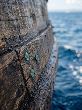Weathered Wooden Boat Deck Side With Rivets Detail