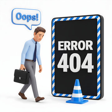 3D character businessman disappointed by 404 error message