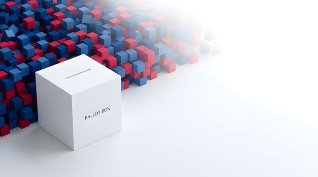 A white ballot box sits in front of a large collection of red and blue cubes