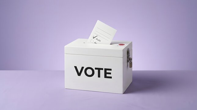 A white ballot box with the word vote printed on the side and a ballot paper being inserted