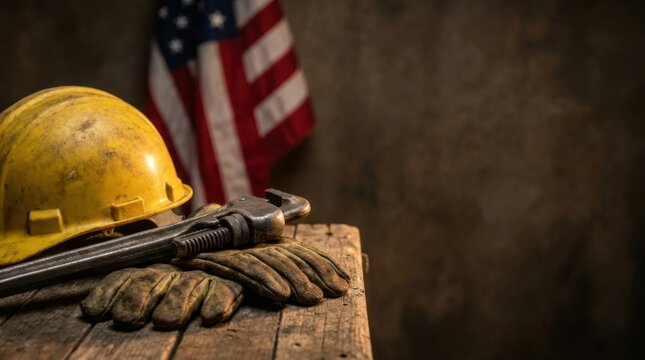 Hard hat work gloves and wrench on wooden table with American flag background for Labor Day