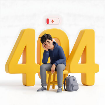 3D character sitting by 404 error sign with low battery