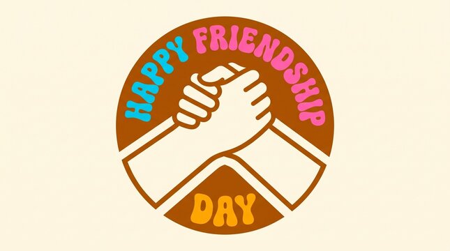 Happy friendship day vector badge design with clasped hands illustration with displays circular vector vector logo with connection, typography