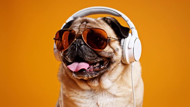 Close up portrait of a cute pug dog wearing stylish aviator sunglasses and white headphones on orange background.