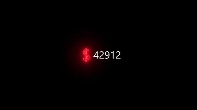 One hundred thousand dollars text with glowing neon currency symbol, financial success and wealth concept on black background, 4K motion graphic