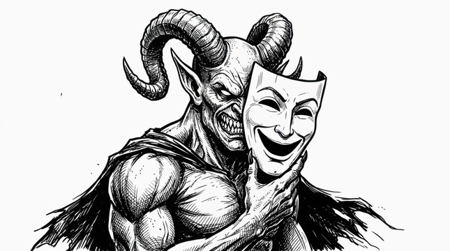 Horned demon holding smiling human mask ink illustration on white background