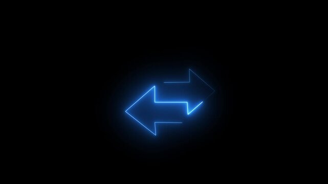 Neon blue glowing double arrow icon animation with rotating directional navigation and data exchange concept on black background, 4K motion graphic