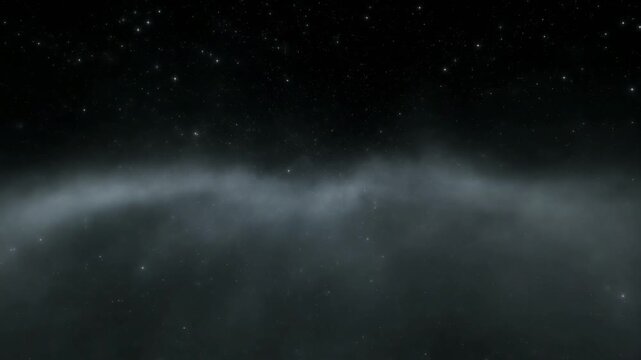 Clear starry night sky with thin faint gray clouds or mist moving across the frame and white twinkling stars in deep space