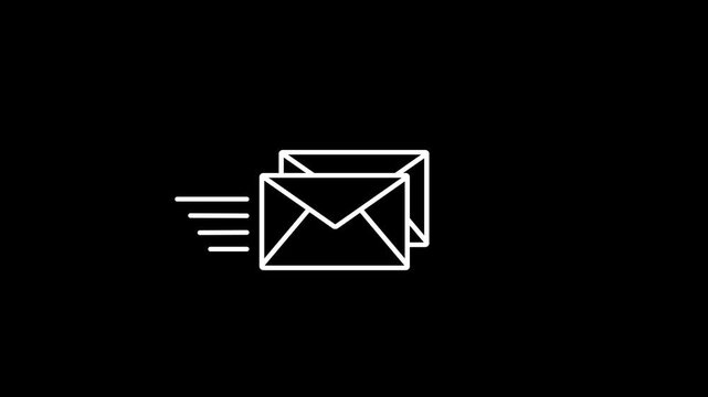 Animated email sending icon with motion lines, minimalist white line for digital communication, business and messaging interface on black background, 4K motion graphic