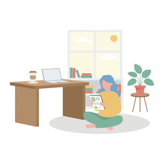 Fototapeta premium A female character sits comfortably on a rug in a home office, holding a tablet next to a wooden desk with a laptop and coffee.