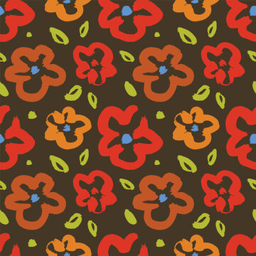 The strokes look like flowers drawn by hand in a seamless pattern. Grunge brush texture. Simple daisy.