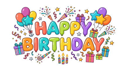 Obraz premium Colorful birthday greeting with balloons gifts with multicolored letters surrounded