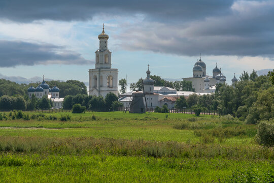 St. George (Yuriev) Monastery as seen from the territory of the Folk Wooden Architecture Museum Vitoslavlitsy on a sunny summer day, Veliky Novgorod, Russia