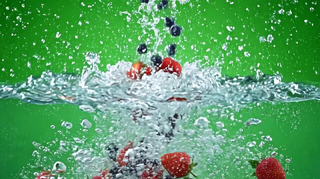 Fresh strawberries and blueberries falling into clear water with high speed splashes against a bright chroma key green screen background
