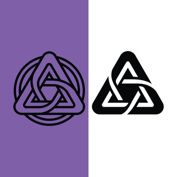 Celtic knot triangle logo set, interlocking geometric trinity symbols, purple and black knotwork vector icons for branding and tattoo design