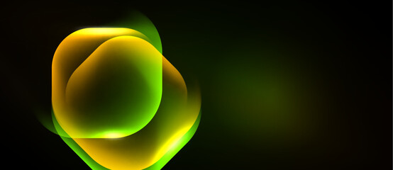 Naklejka premium Abstract glowing shapes overlap, creating vibrant green, yellow effect against dark background. Modern design element.