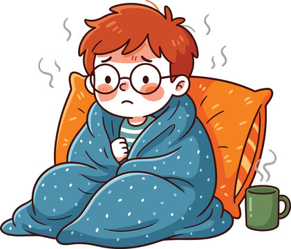 Cute Cartoon Sick Little Boy with Fever Wrapped in Blanket Sitting by Pillow with Hot Tea Cup for Healthcare and Medical Concepts [1]